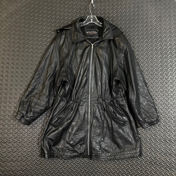 Vintage Wilsons Leather Black Hooded Parka Jacket Small Quilted Lining - Picture 1 of 9